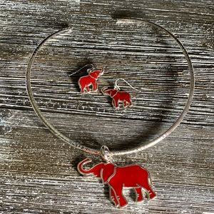 Silver and Red Elephant Necklace and Earrings Set